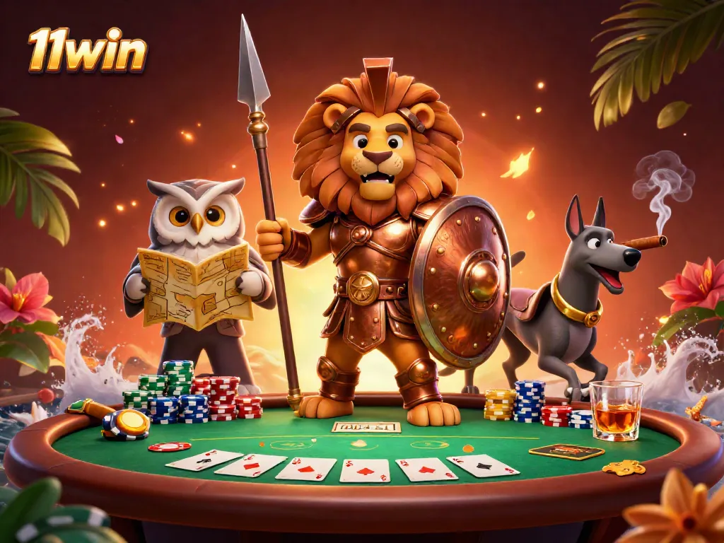 Experience thrilling poker action with 11win at a stunning casino scene featuring vibrant characters.