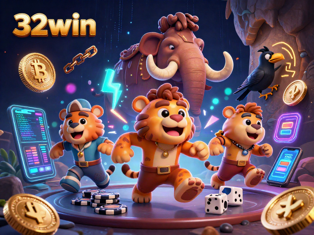 Experience thrilling gameplay and winning strategies at 32win in this prehistoric casino scene.