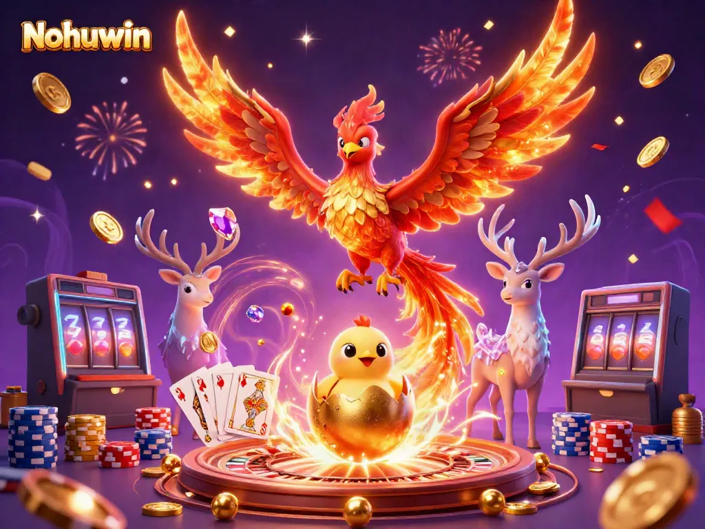 Nohuwin showcases a vibrant 3D illustration featuring a phoenix and magical gaming elements, enhancing the online gambling experience.
