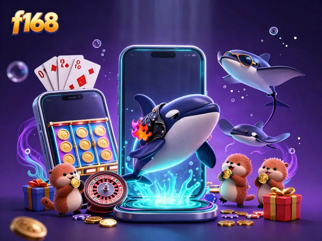 Engage with thrilling slot action at f168, featuring a dynamic underwater scene with a jumping orca and playful sea otters.