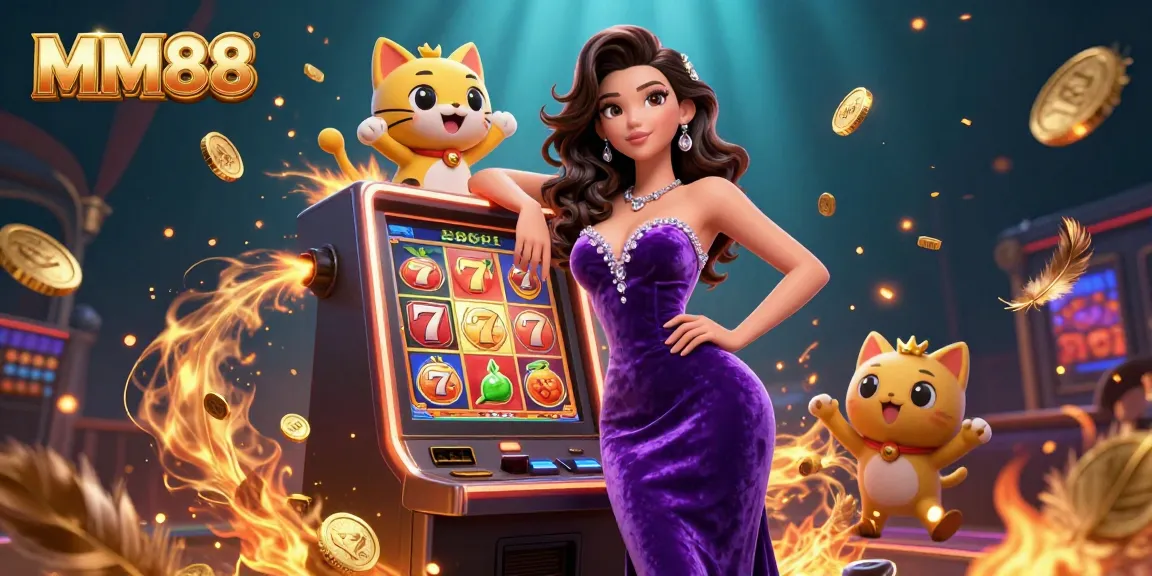 Play slots at MM88 with a glamorous woman and a lucky fortune cat celebrating a jackpot.