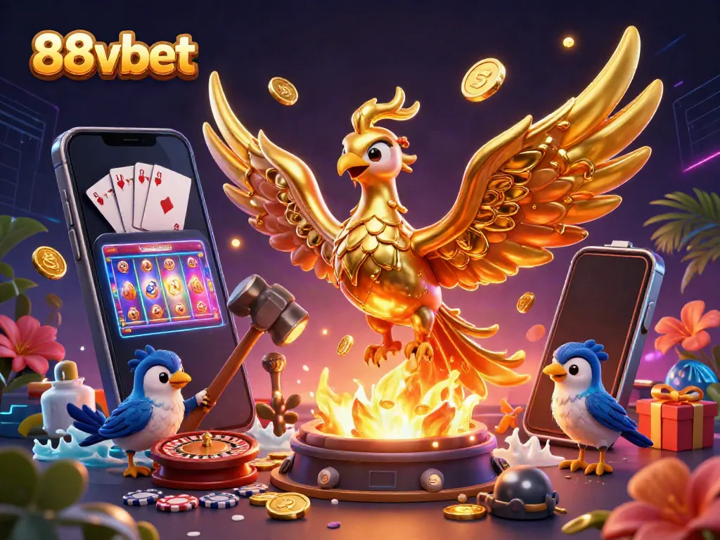 Experience thrilling gameplay at 88vbet with exciting casino games and dynamic visuals in this vibrant illustration.