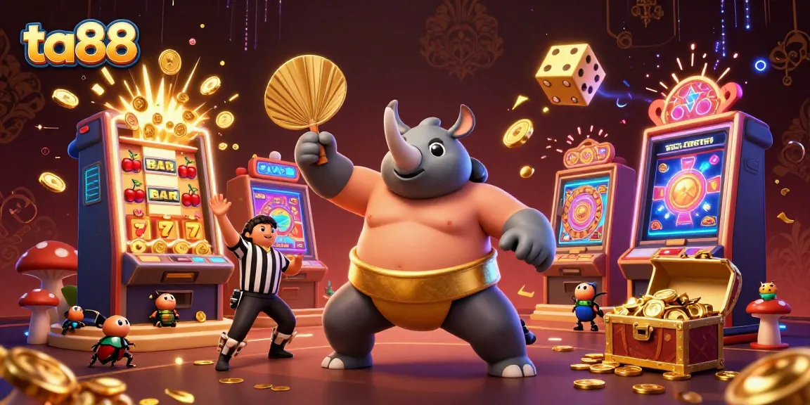 Experience thrilling action at ta88 with a sumo beetle champion stomping coins in a lively casino scene.