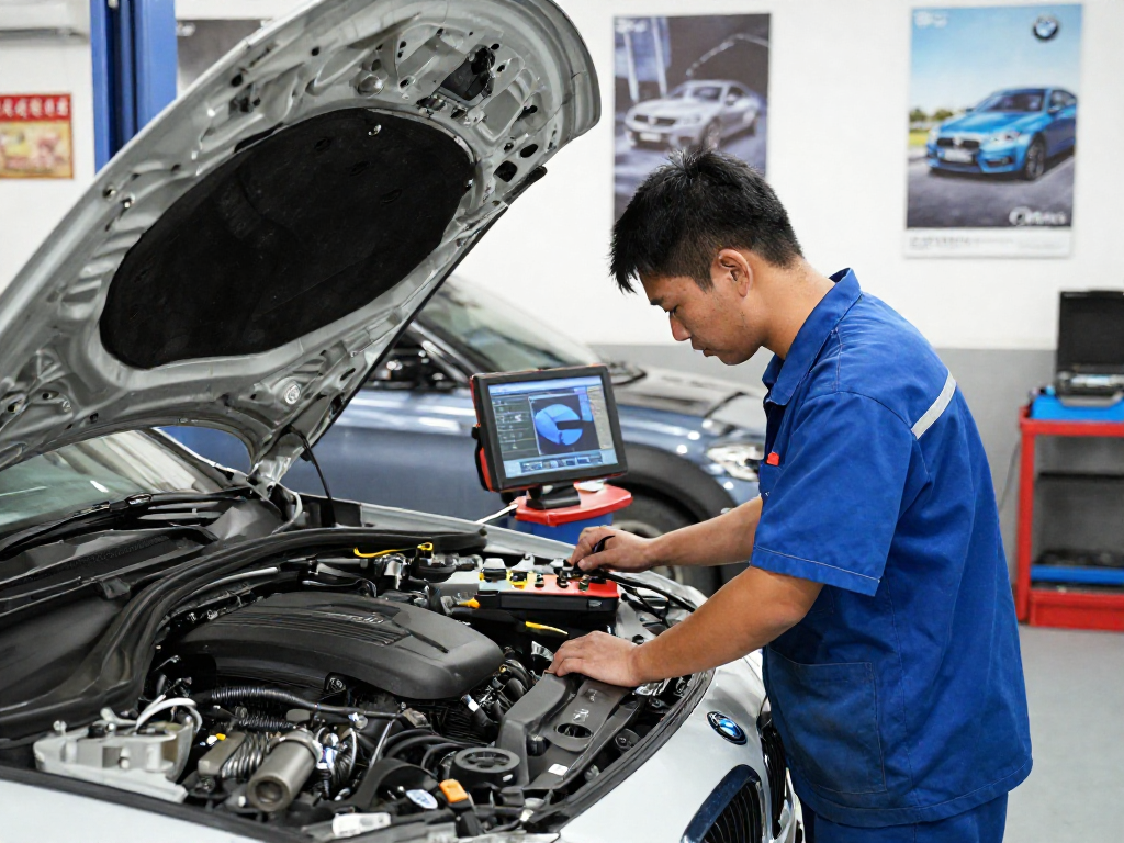 BMW Werkstatt Hannover: Mechaniker inspiziert BMW-Motor in professioneller Umgebung
