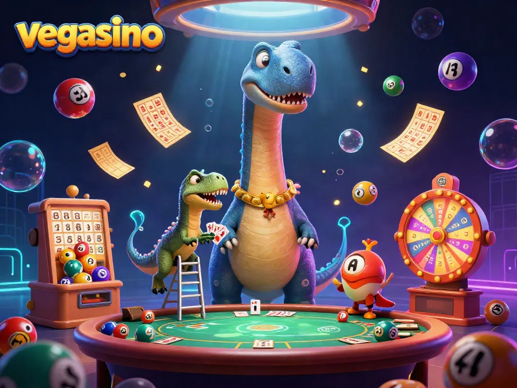 Experience the thrill of vegasino with a dynamic casino scene featuring colorful elements and engaging characters.