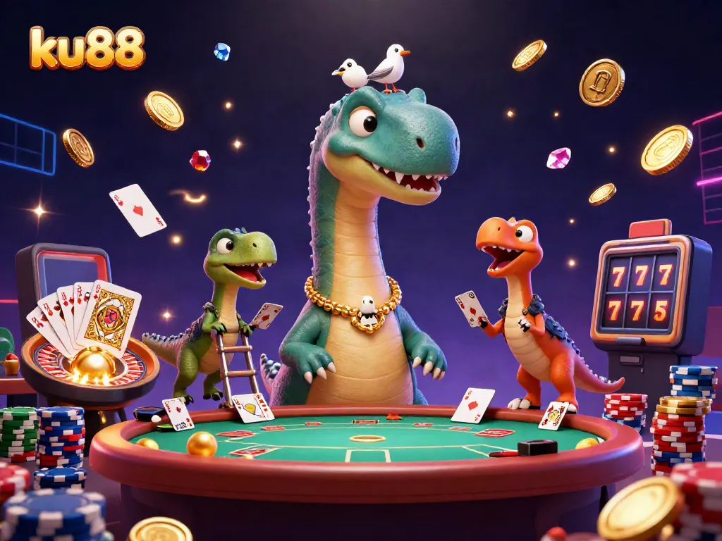 Experience thrilling games with ku88, featuring a giant cartoon dinosaur amidst a vibrant casino scene.