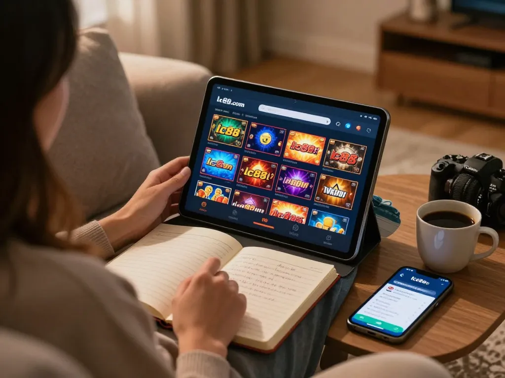 Engaged player using lc88.com for online gambling, cozy home atmosphere with strategic notes and tablet interface.