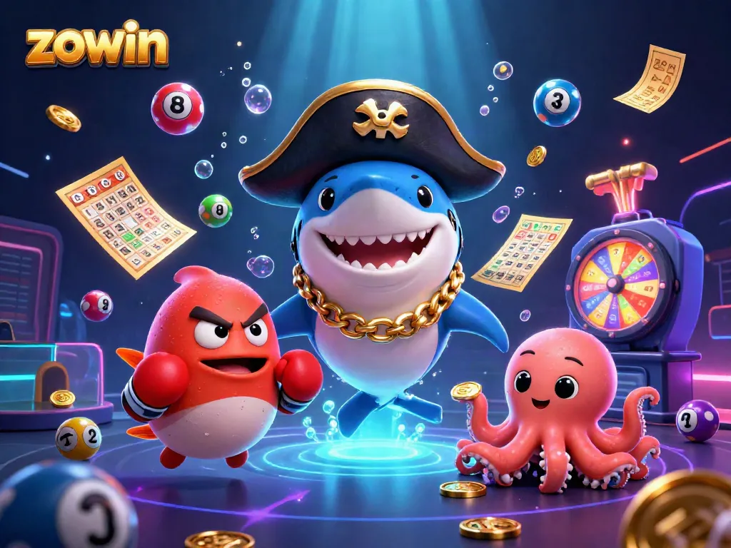 Zowin's captivating casino scene with a shark, pufferfish, and octopus amidst vibrant lottery elements.