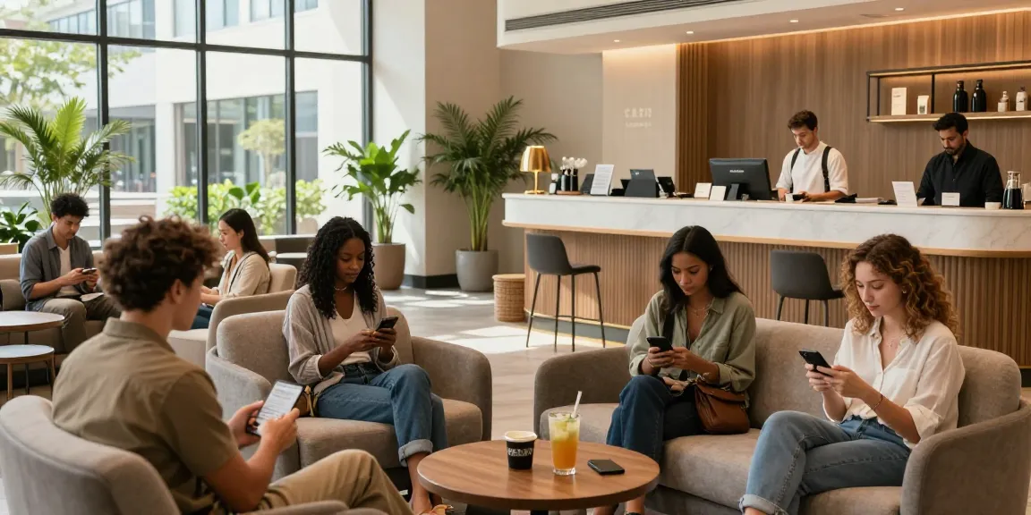Guests at rokok88 enjoying modern amenities in a vibrant hotel lobby.