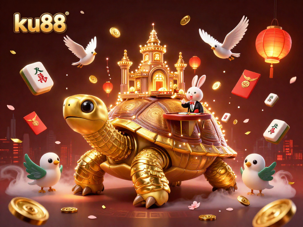 ku88's vibrant casino scene featuring a golden tortoise and lucky elements in dynamic action