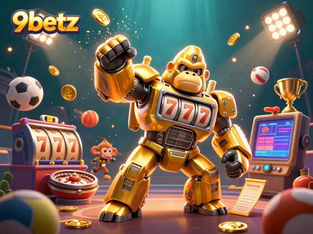 Experience thrilling gaming action with 9betz in this vibrant 3D illustration showcasing casino elements.