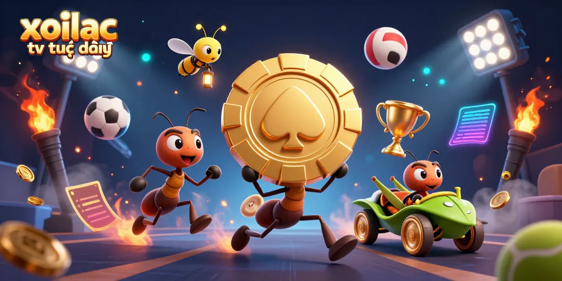 Watch exciting gameplay on xoilac tv trực tiếp, featuring ants carrying a giant poker chip with dynamic sports elements filling the scene.