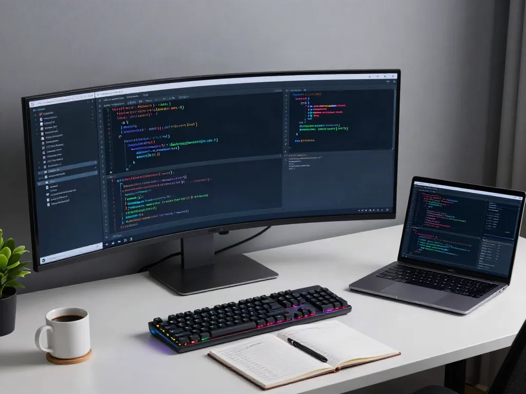 Source code review in a modern developer workspace with ergonomic setup and cybersecurity tools.