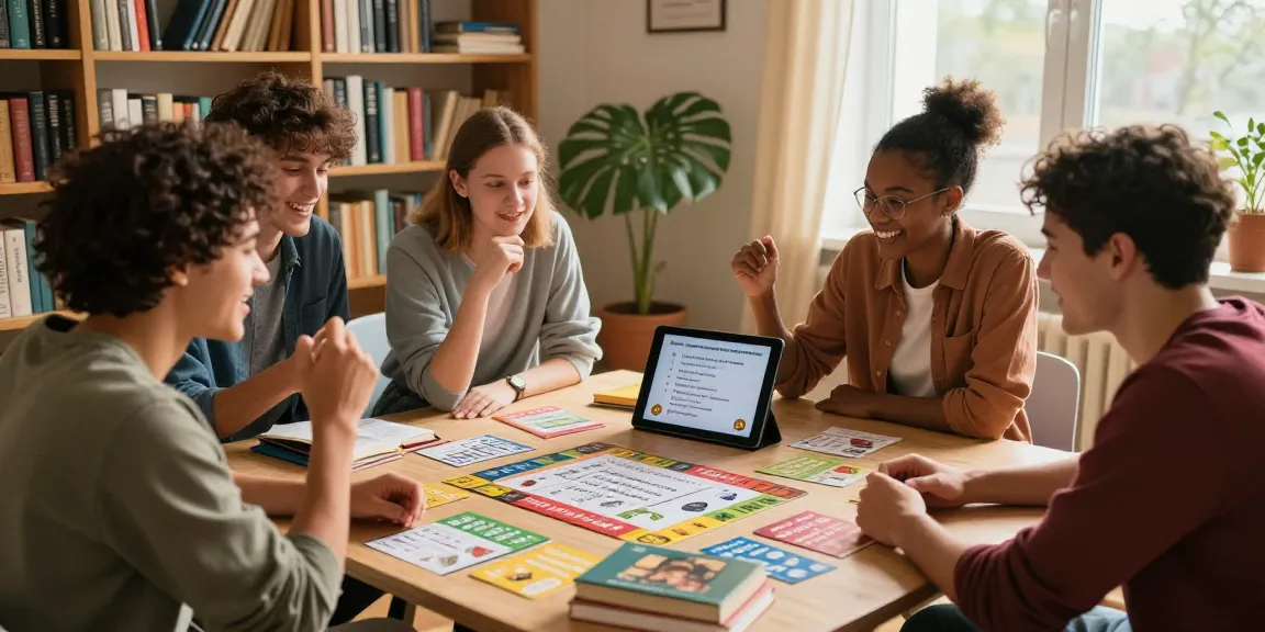 Eine Gruppe von Freunden testet ihr Quiz Allgemeinwissen in einem gemütlichen Raum mit Trivia-Karten und einem Tablet.