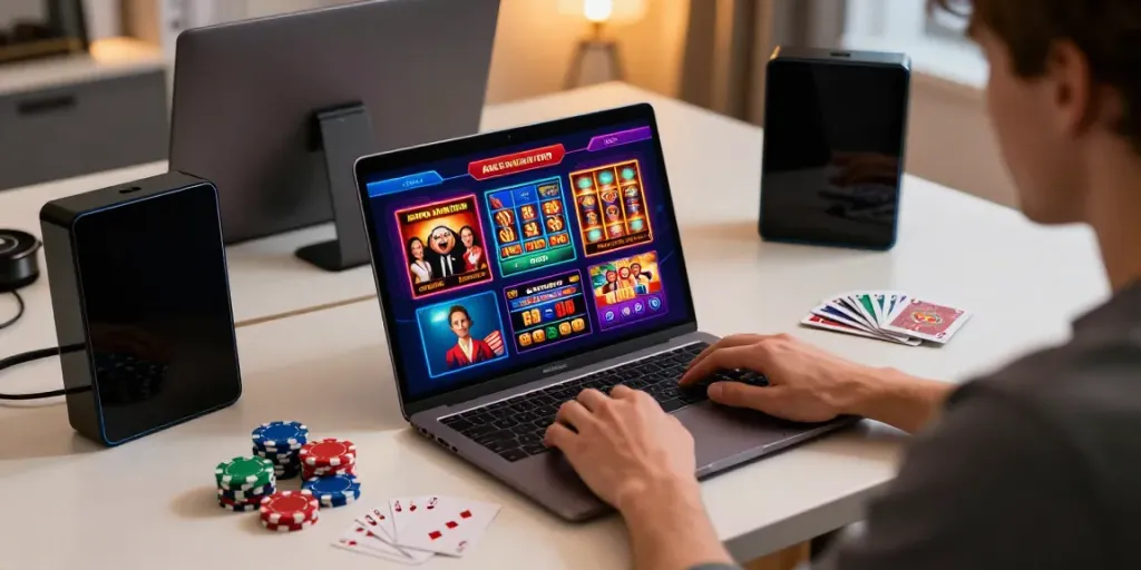 ku88 vibrant gaming platform scene with player engaged in online gambling
