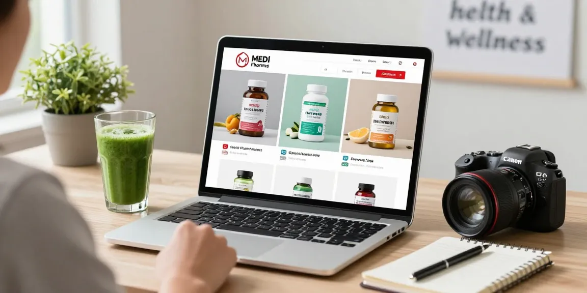 Medi Pharma Shop bietet hochwertige Fitness Supplements in einer hellen Online-Shopping-Szene an.