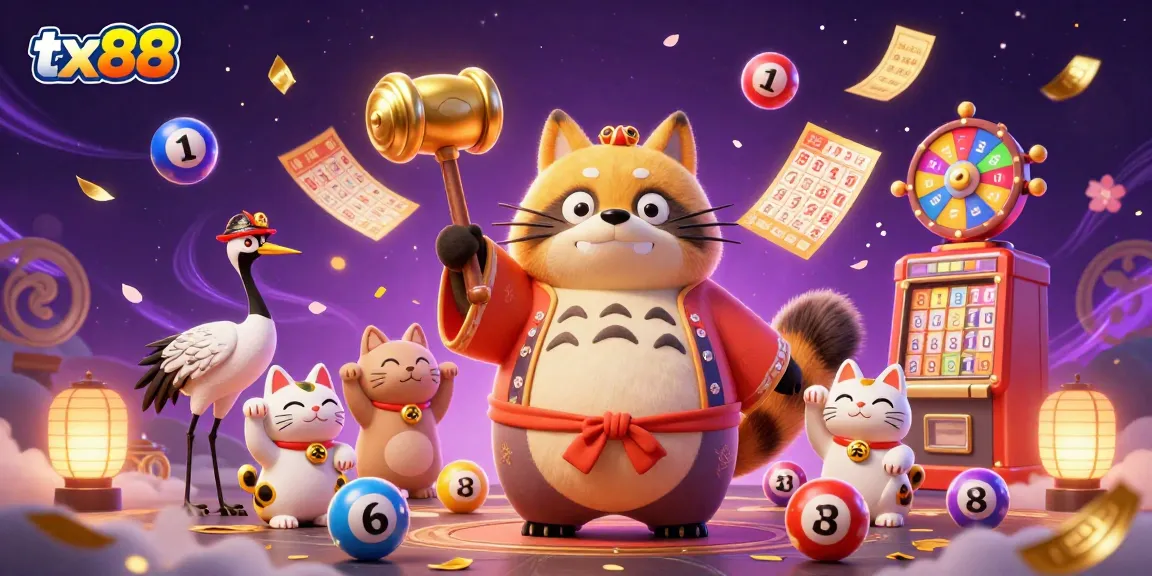 Win big with tx88 as the cheerful tanuki and friends celebrate in a vibrant casino scene.