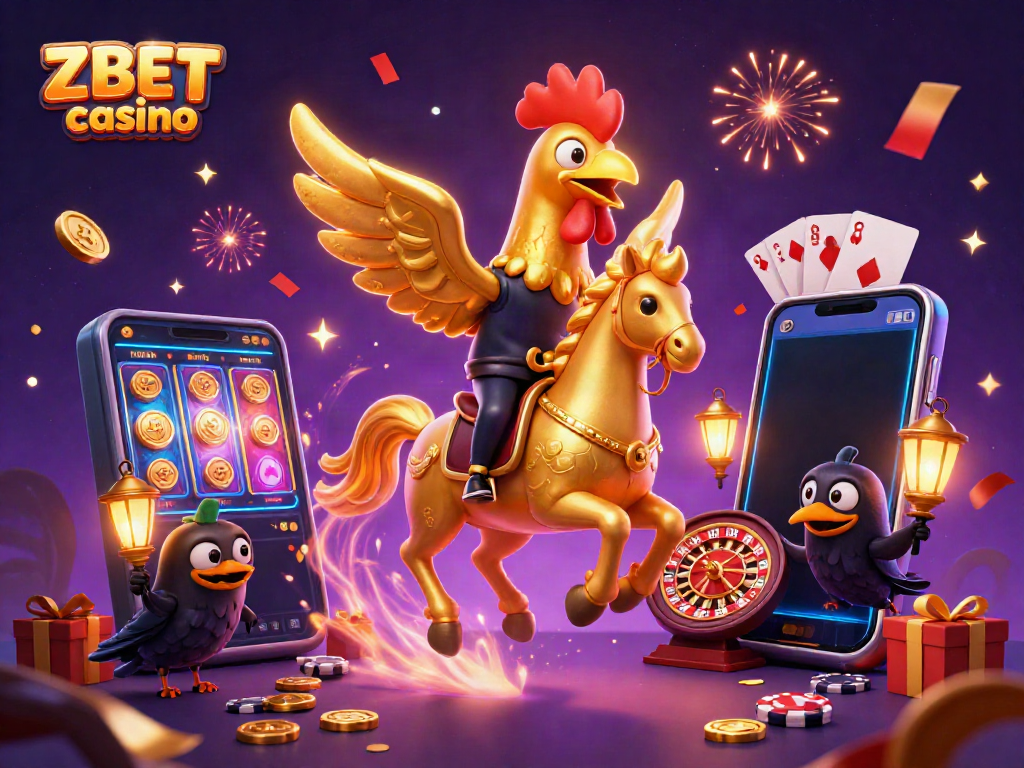 Experience the excitement of ZBET casino with gold-themed characters amidst vibrant gaming elements.