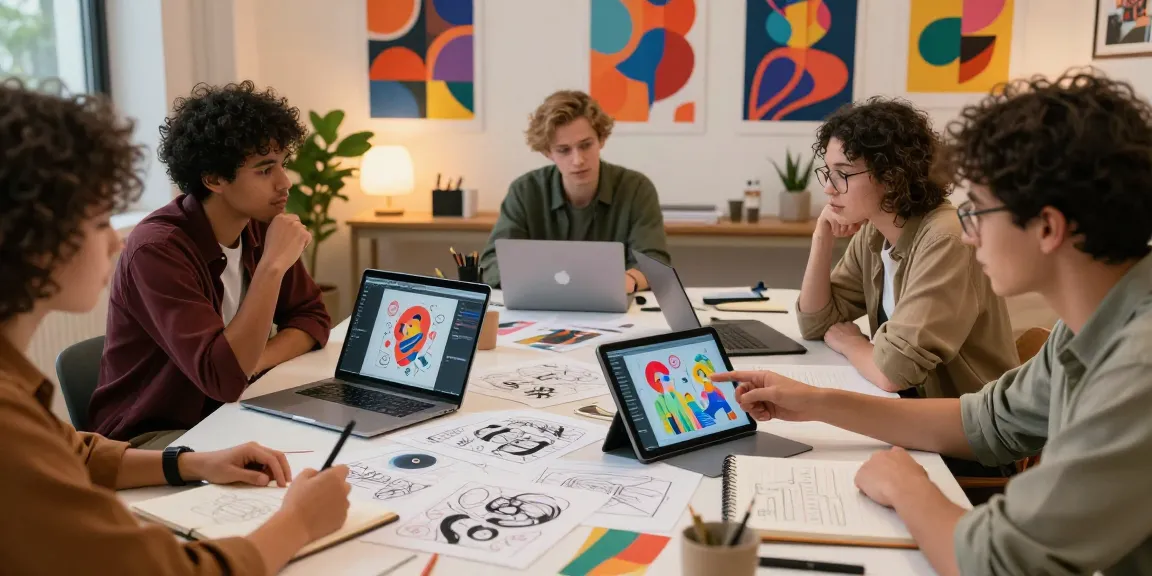 Team collaborating on innovative designs for an NSFW AI generator in a vibrant studio.