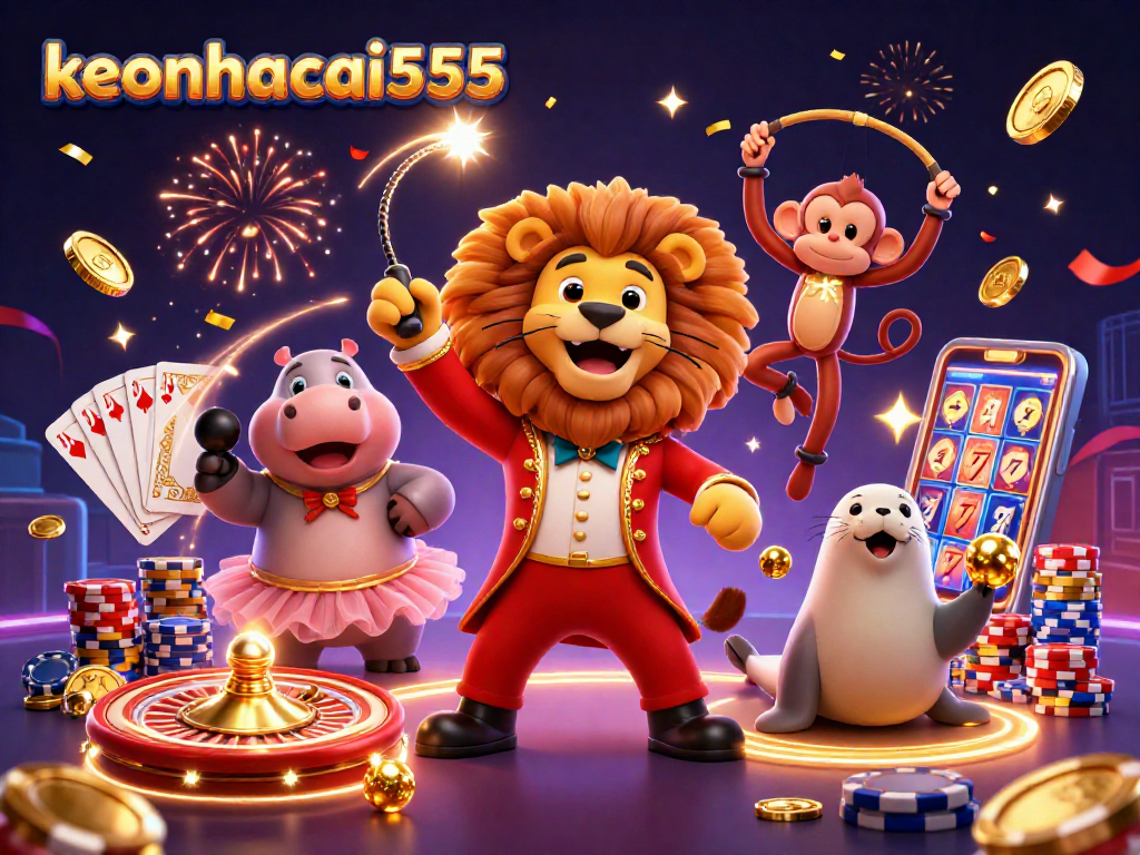 Engage in thrilling action with keonhacai555 featuring fantastic circus characters and a lively casino scene.