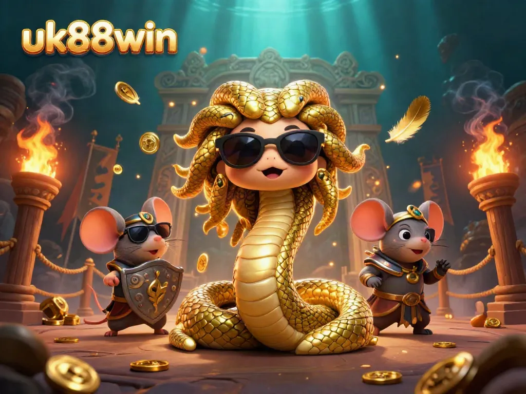 Experience the excitement of gambling at uk88win with a lively 3D casino scene featuring Medusa and a warrior mouse.