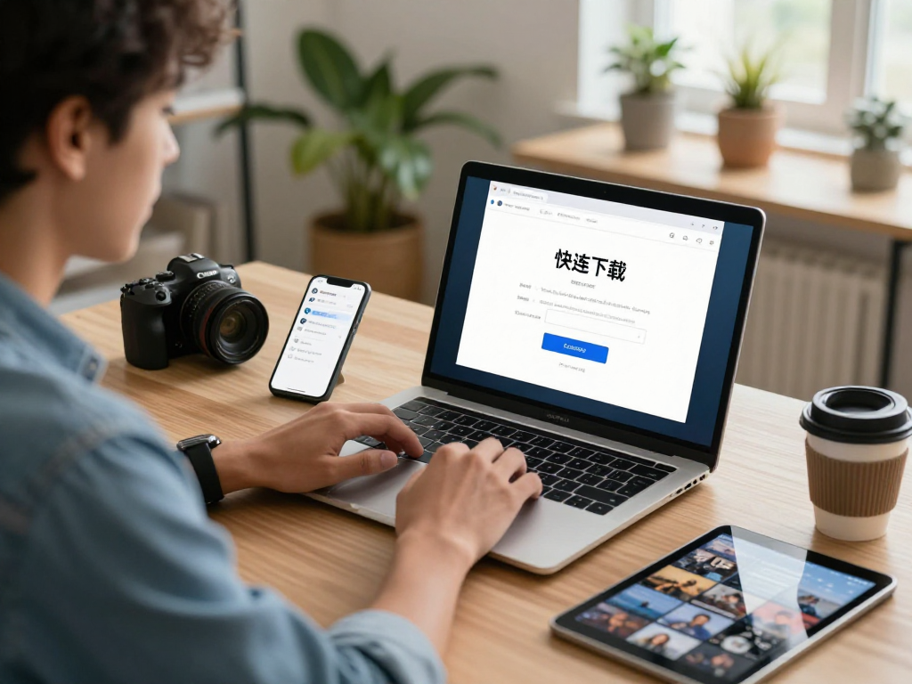 展示快连下载下载过程的年轻专业人士,现代家居办公环境,设备齐全,营造出高效的工作氛围。