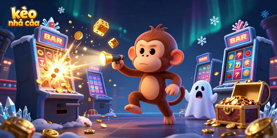 Experience kèo nhà cái with a vibrant illustration of a playful monkey and a curious puppy in a haunted casino