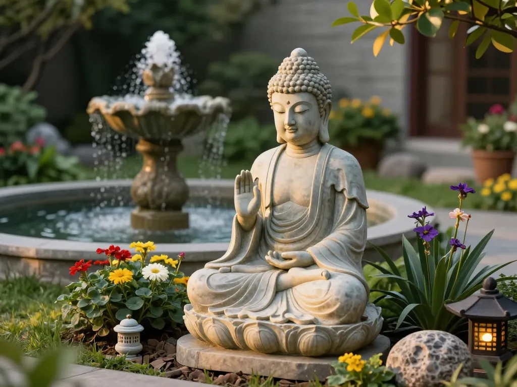 Buddha figur kaufen, dargestellt in einem ruhigen Garten, umgeben von Blumen und einem Wasserbrunnen.