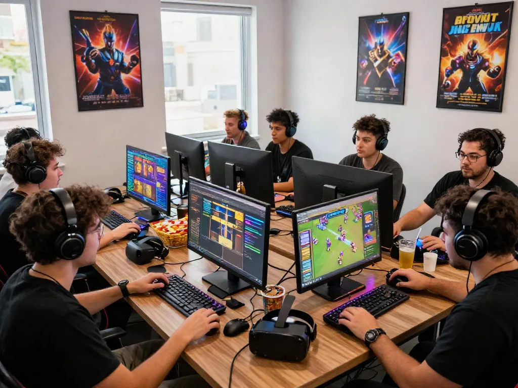 Gamer group enjoying thrilling slot88 games in a vibrant digital environment