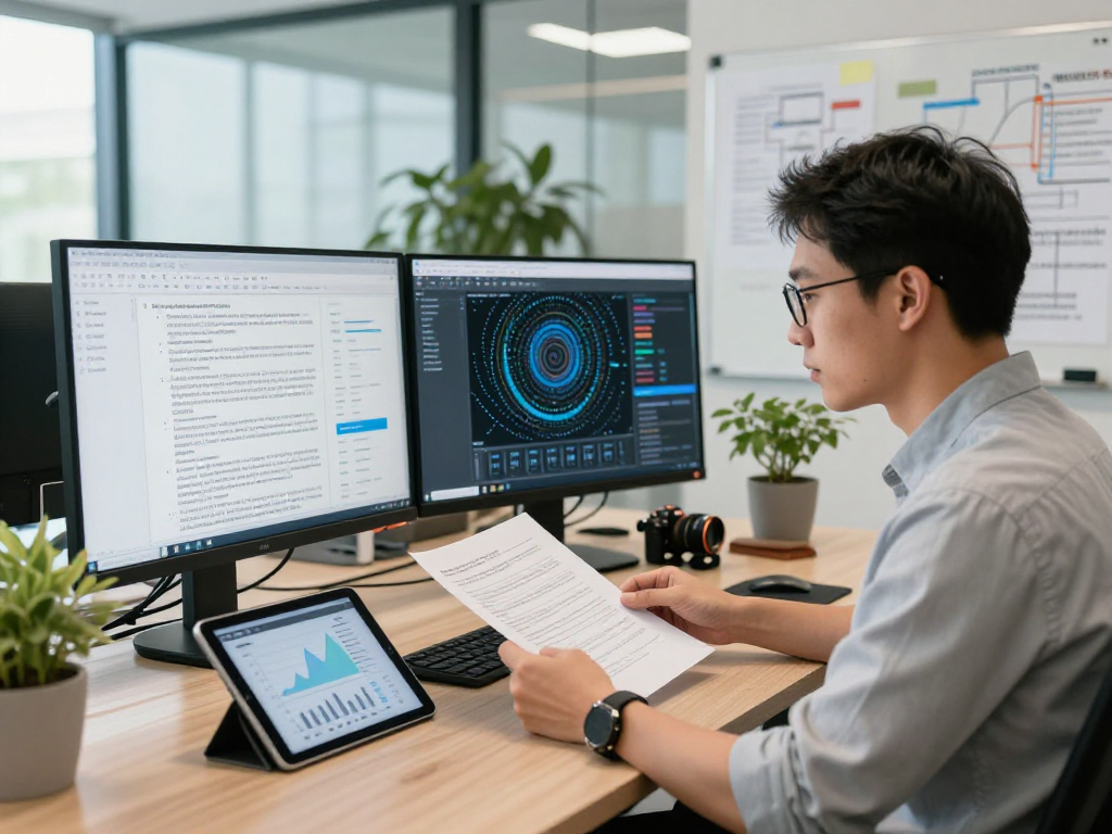 Analyst engaging in document fraud detection with advanced software in a modern tech workspace.