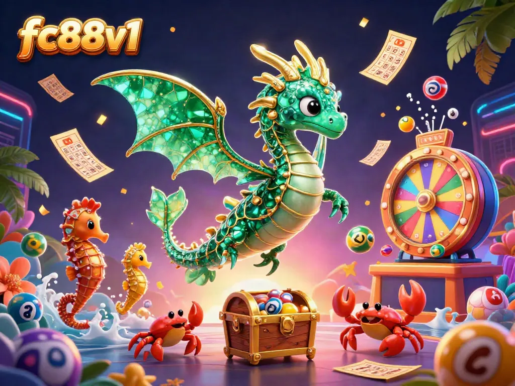 Experience excitement with fc88v1's vibrant casino scene filled with a whimsical sea dragon, golden treasures, and lottery elements.