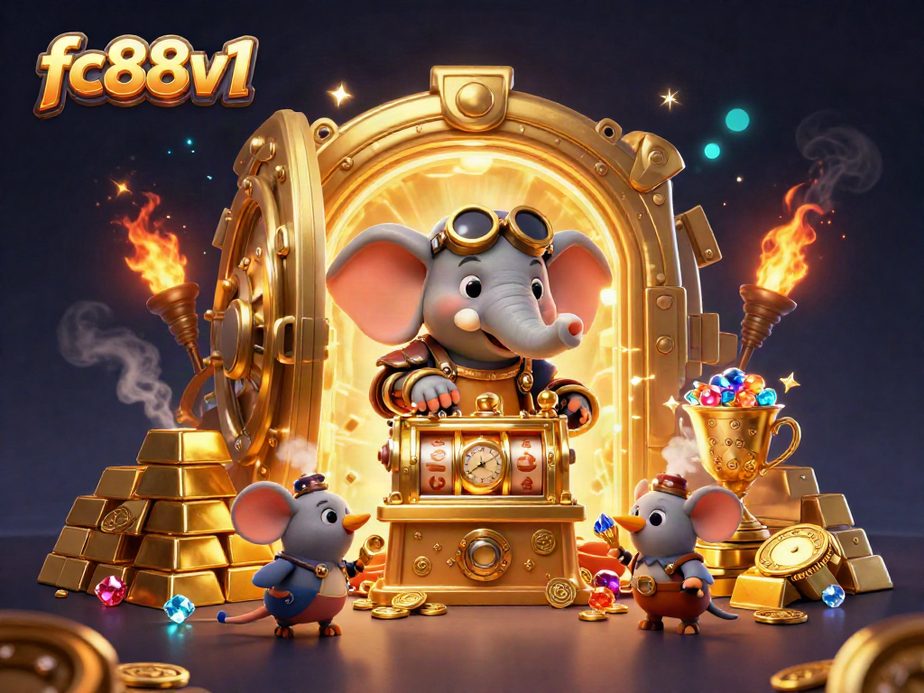 Engage with the fc88v1 exciting casino scene featuring an animated steampunk elephant and treasures.