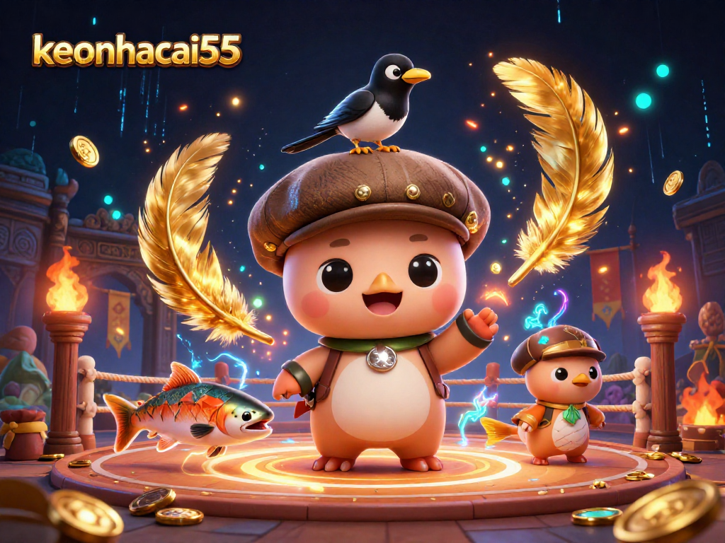 Engage with keonhacai55's vibrant gambling world featuring cute characters and dynamic casino elements.