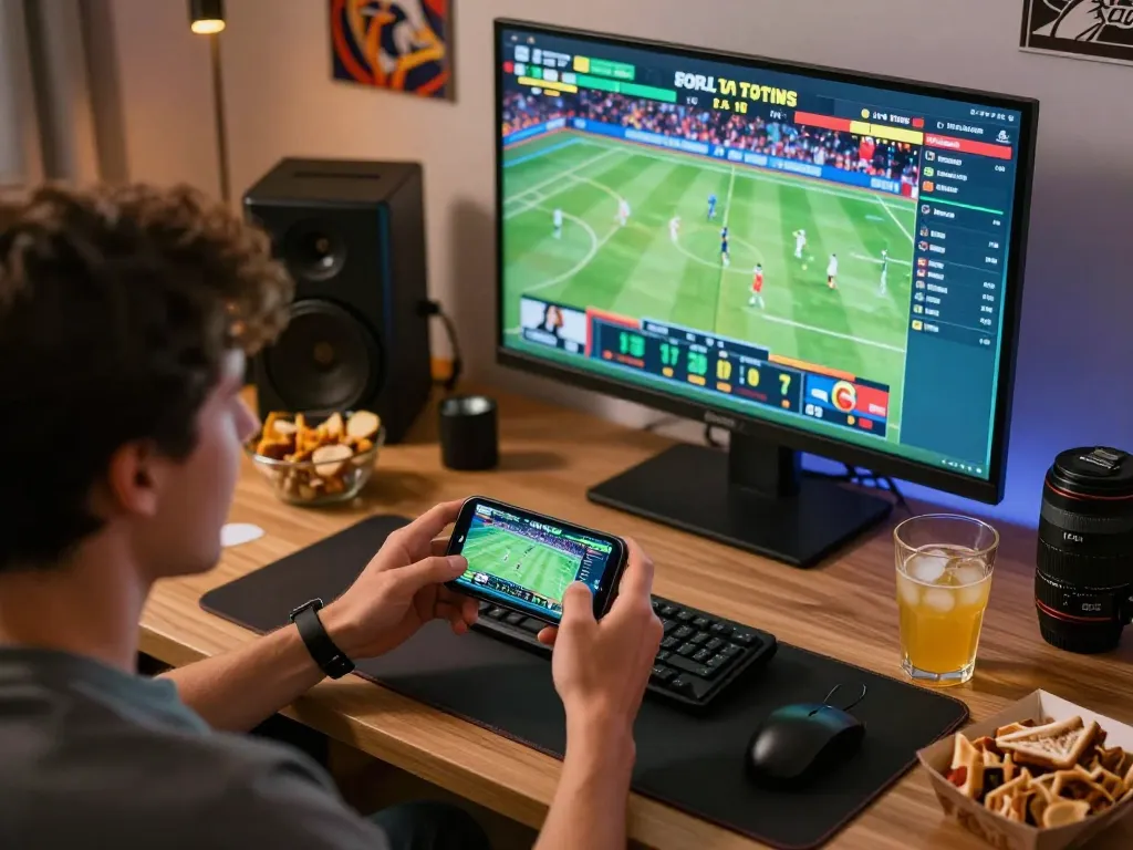 Excitedly placing bets on sports using go8.com within a cozy setup, showcasing live action and responsible gambling.