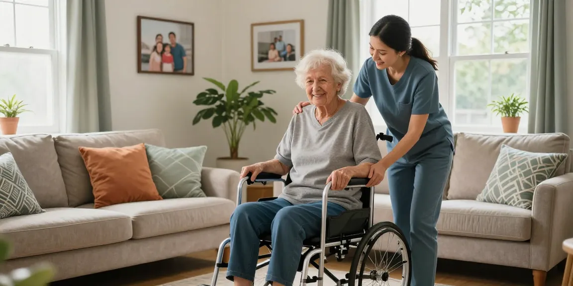 Buy nobility aids: Elderly person using mobility aid with caregiver in a bright living room.