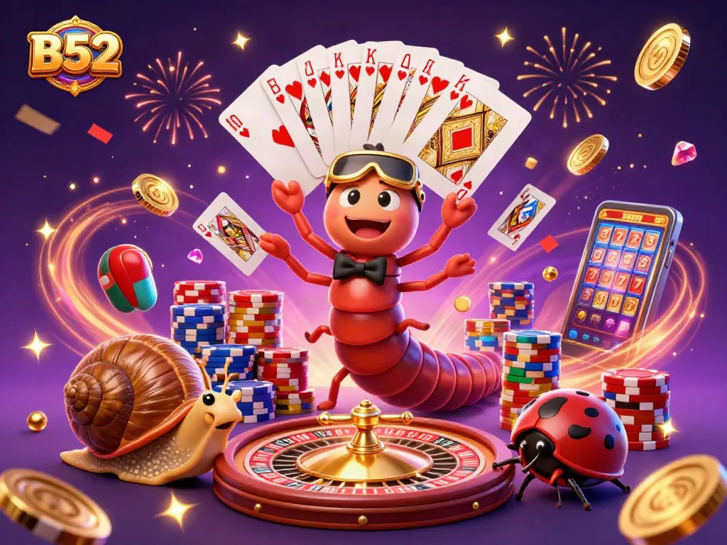 B52 casino scene featuring a millipede dealer, snail high-roller, and a pill bug, showcasing vibrant gambling excitement.
