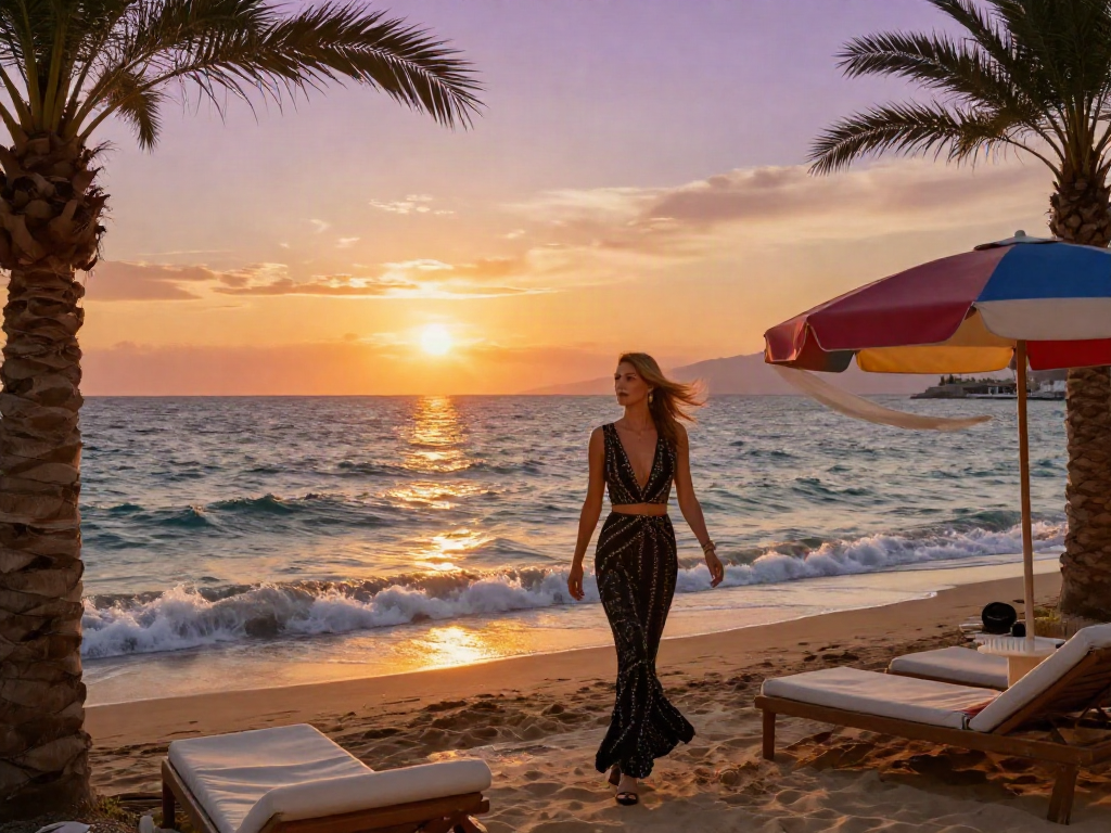 Elegant scene of Antalya Eskort walking along the beach at sunset, highlighting luxury and allure.