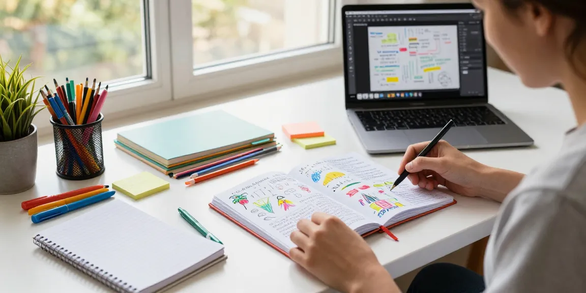 Custom printed notebooks displayed on a vibrant workspace with colorful stationery, inspiring creativity and design.
