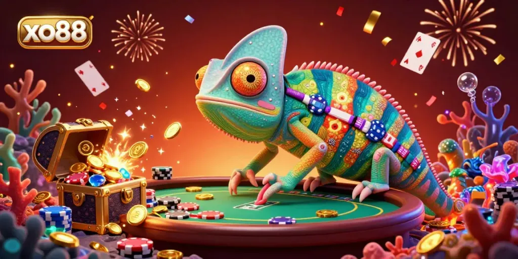 Engage in the thrilling world of casino fun at xo88, featuring a colorful chameleon and festive gaming elements.