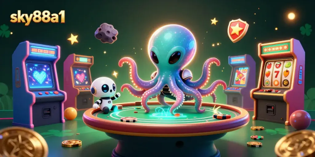 Experience thrilling games at sky88a1 with a vibrant 3D alien-themed casino scene featuring poker and arcade elements.