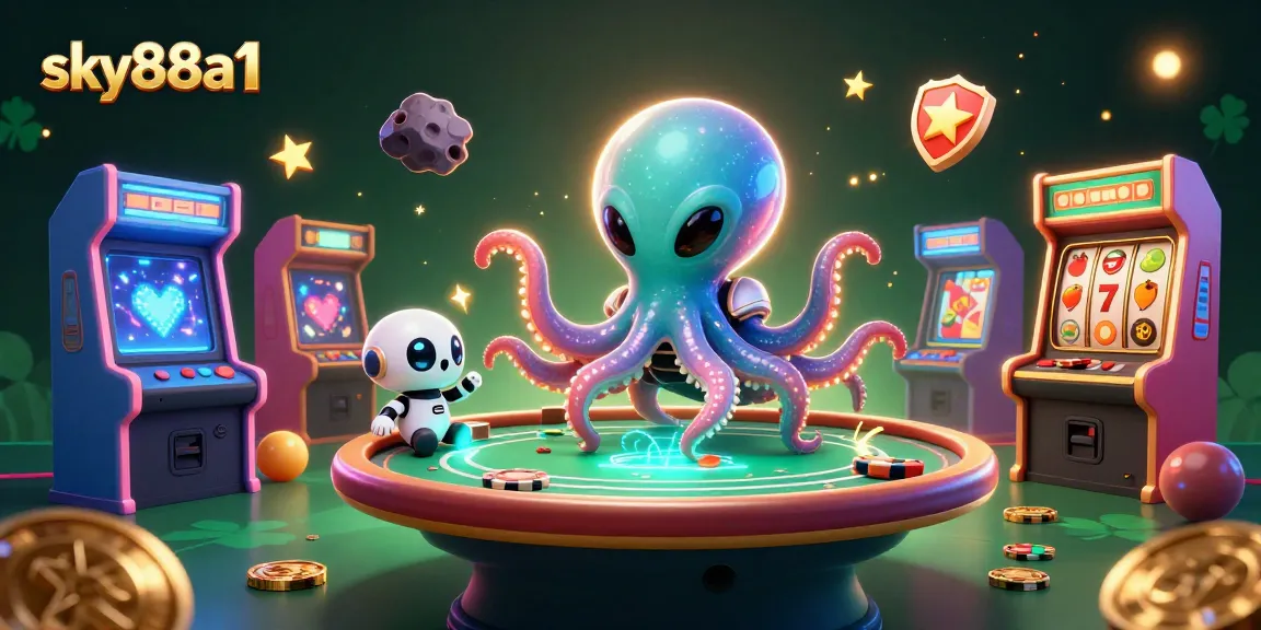 Experience thrilling games at sky88a1 with a vibrant 3D alien-themed casino scene featuring poker and arcade elements.