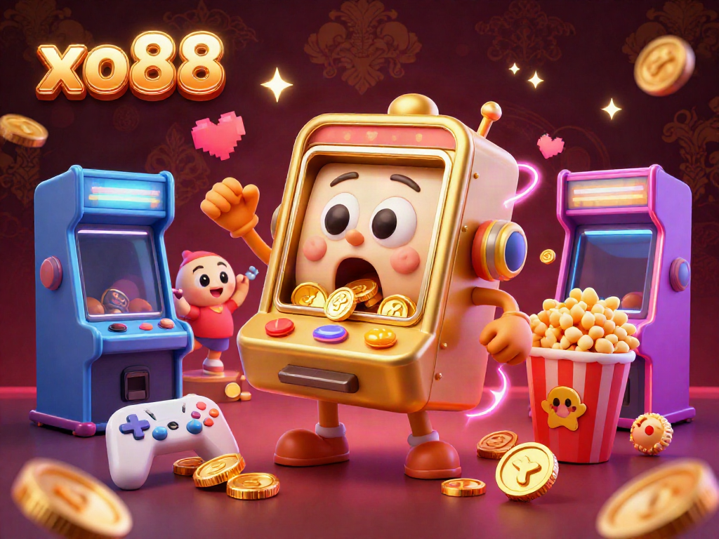 Experience the excitement of xo88 as a golden slot machine hits a jackpot and coins burst forth.