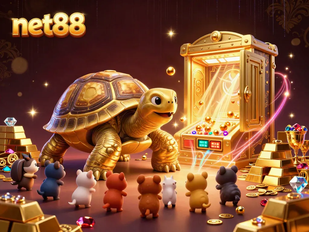 Bet and win at Net88 with a fun 3D cartoon illustration of a golden tortoise pinball machine surrounded by gaming treasures.