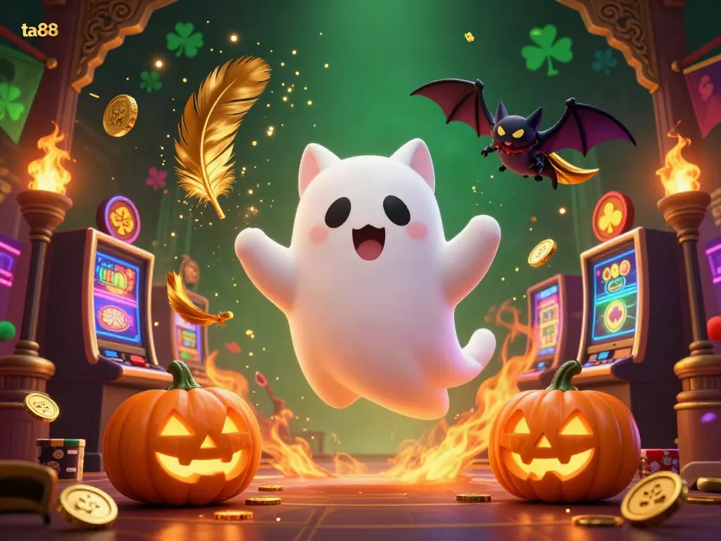 Experience ta88's haunted casino spirit with a friendly ghost cat and vibrant symbols.