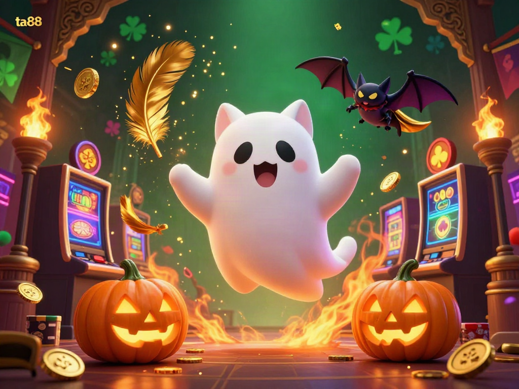 Experience ta88's haunted casino spirit with a friendly ghost cat and vibrant symbols.