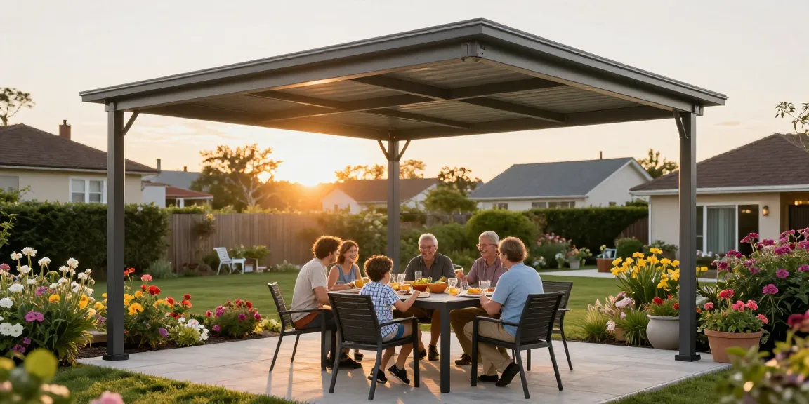 Moderne Terrassenüberdachung schützt die Familie beim Essen im Garten.