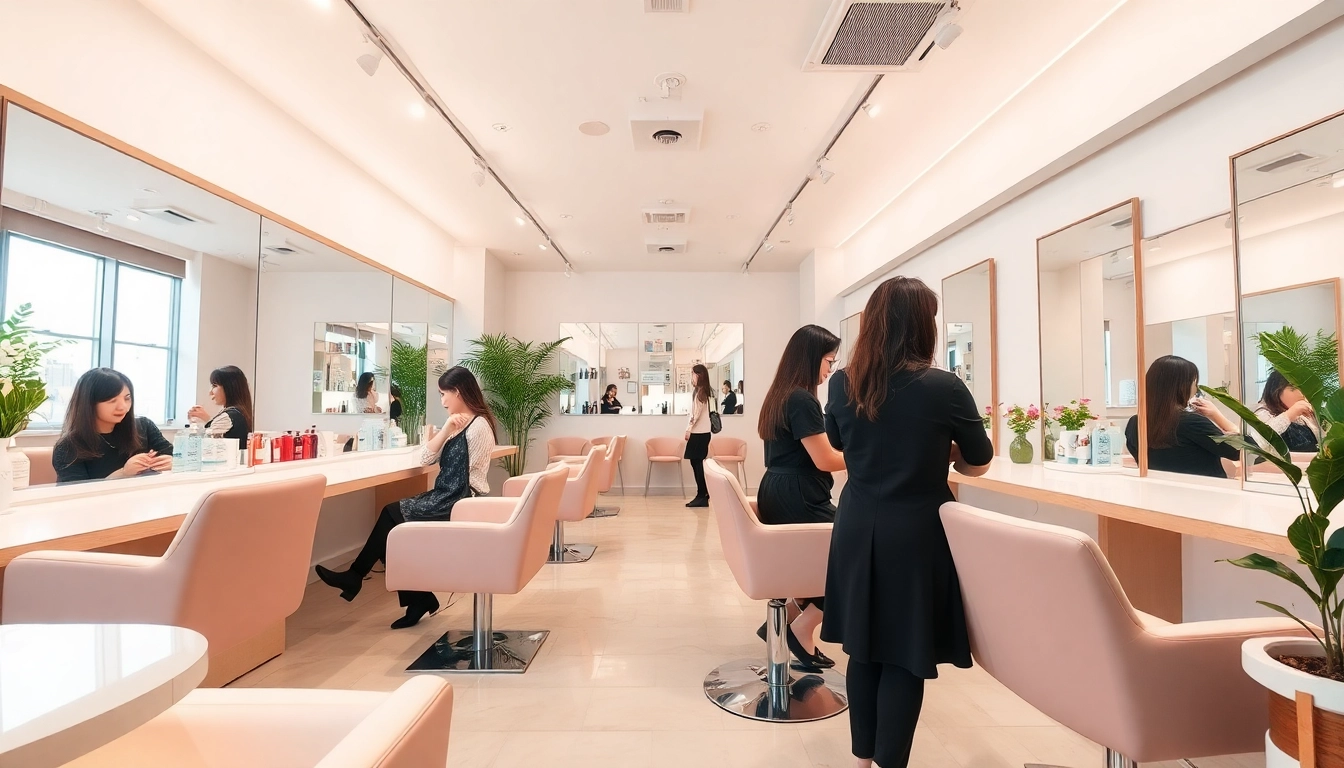 Stylish interior of a Tokyo ヘアサロン with friendly hairstylists attending to clients, showcasing modern decor.