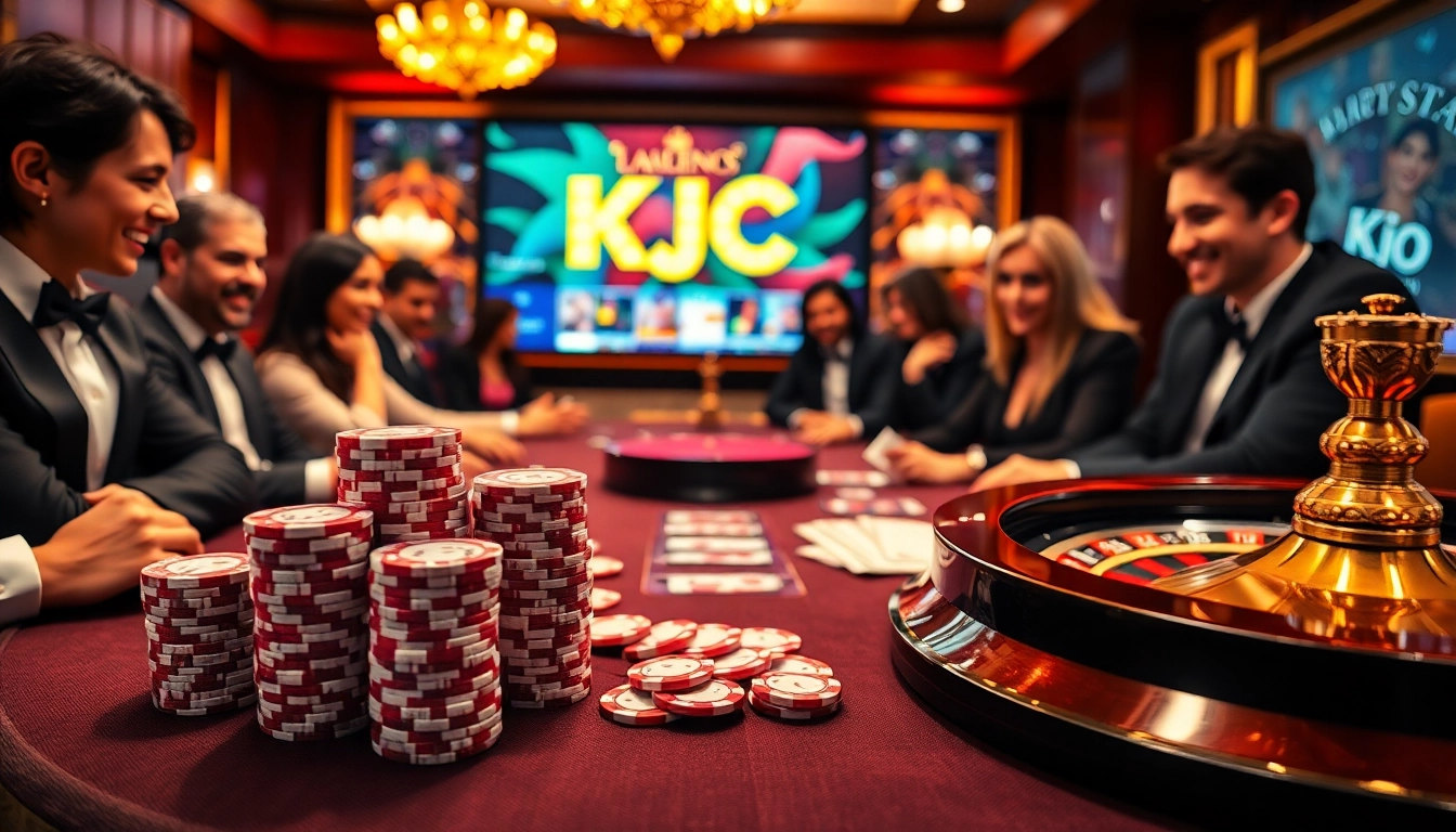 KJC poker table scene with suspenseful players and vibrant chips at a luxury casino.