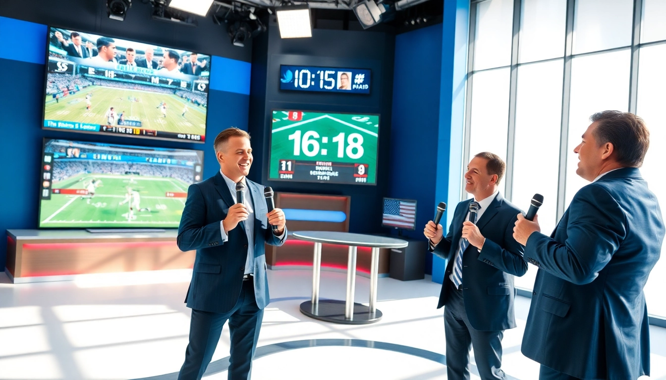 Engaging broadcasters in a studio during live Sports Broadcasting discussion.