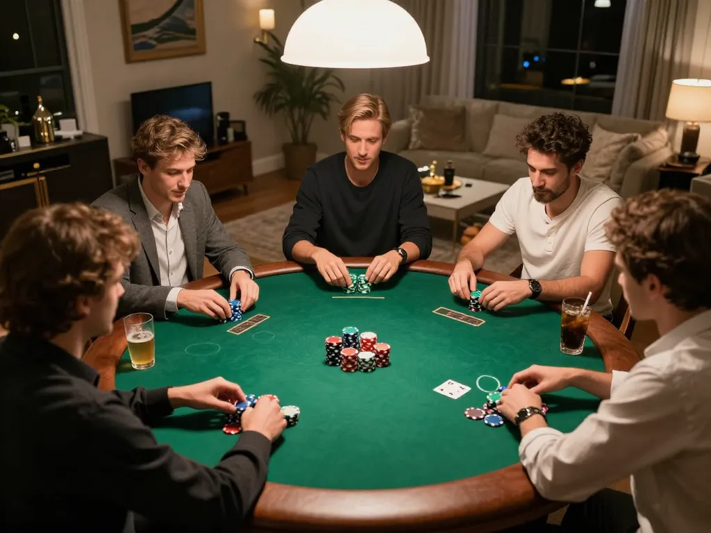 Friends playing poker at home in a cozy setting with strategic gameplay at vipwin.com.